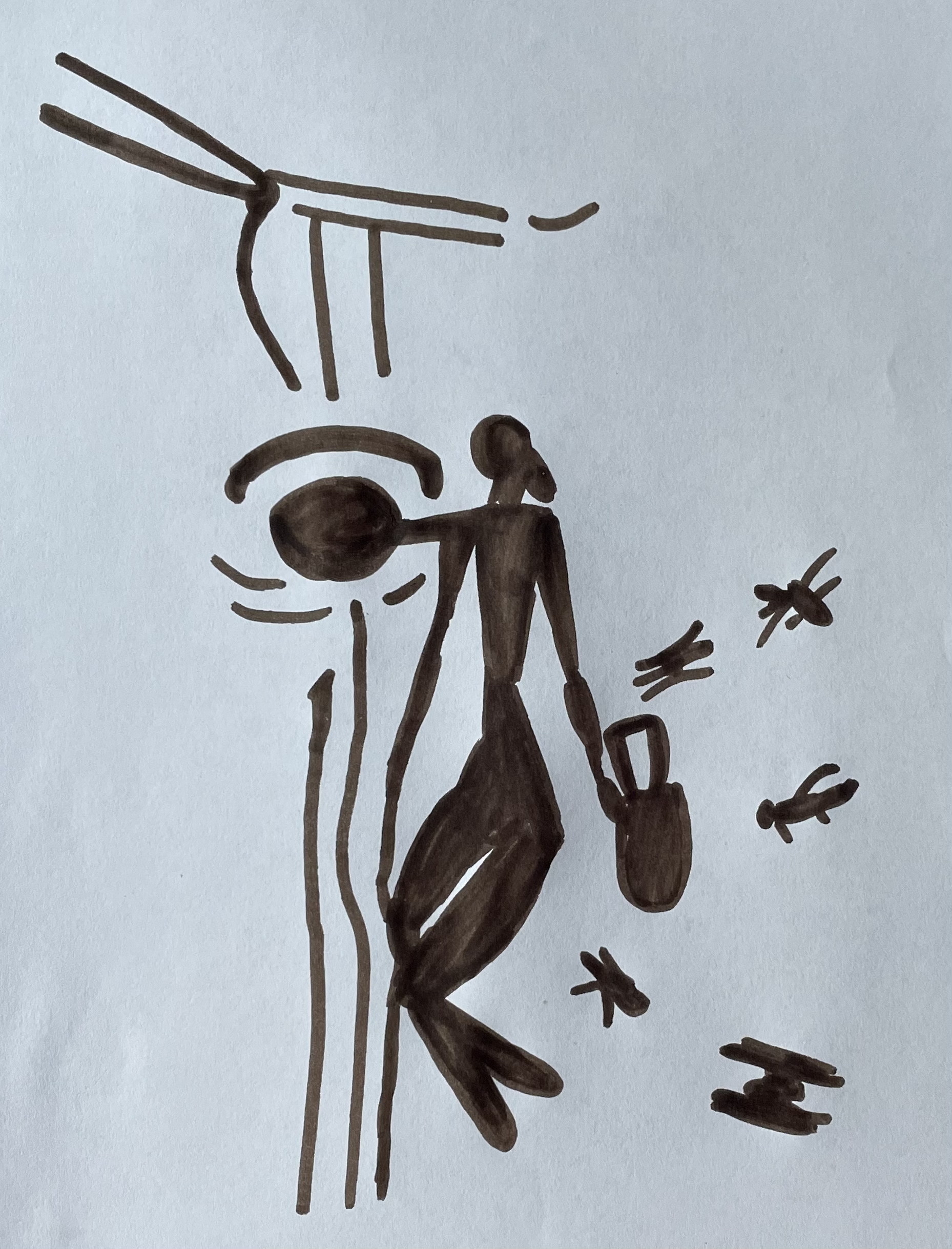 Die Strichzeichnung zeigt eine Person, die mit einem Henkelkorb in der linken Hand zu einer Höhle auf einem Baum klettert. In dieser Höhle befindet sich ein Bienenstock. Die Person möchte Honigwaben entnehmen, einige Bienen fliegen aufgeregt um sie herum.