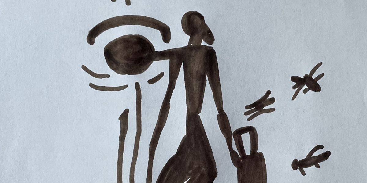 Strichzeichnung einer Person mit Henkelkorb in der linken Hand, die auf einem Baum klettert. Im Baum ist eine Höhle, in der Bienen ihren Stock angelegt haben. Die Person möchte Honigwaben ernten, einige Bienen fliegen aufgeregt um sie herum.