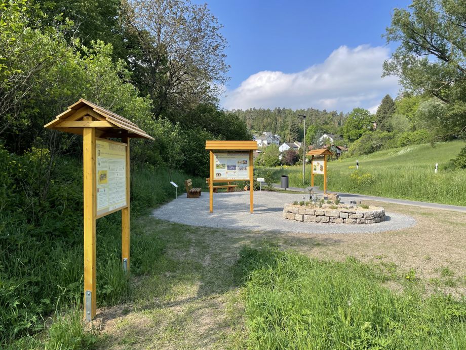 Auf dem Bild sind drei Tafeln mit Informationen zu Honig- und Wildbienen aufgestellt. Außerdem sieht man eine aus Muschelkalksteinen angelegte Kräuterschnecke, die mit vielen Kräutern wie Oregano, Thymian, Lavendel, Rosmarin etc. bepflanzt ist.